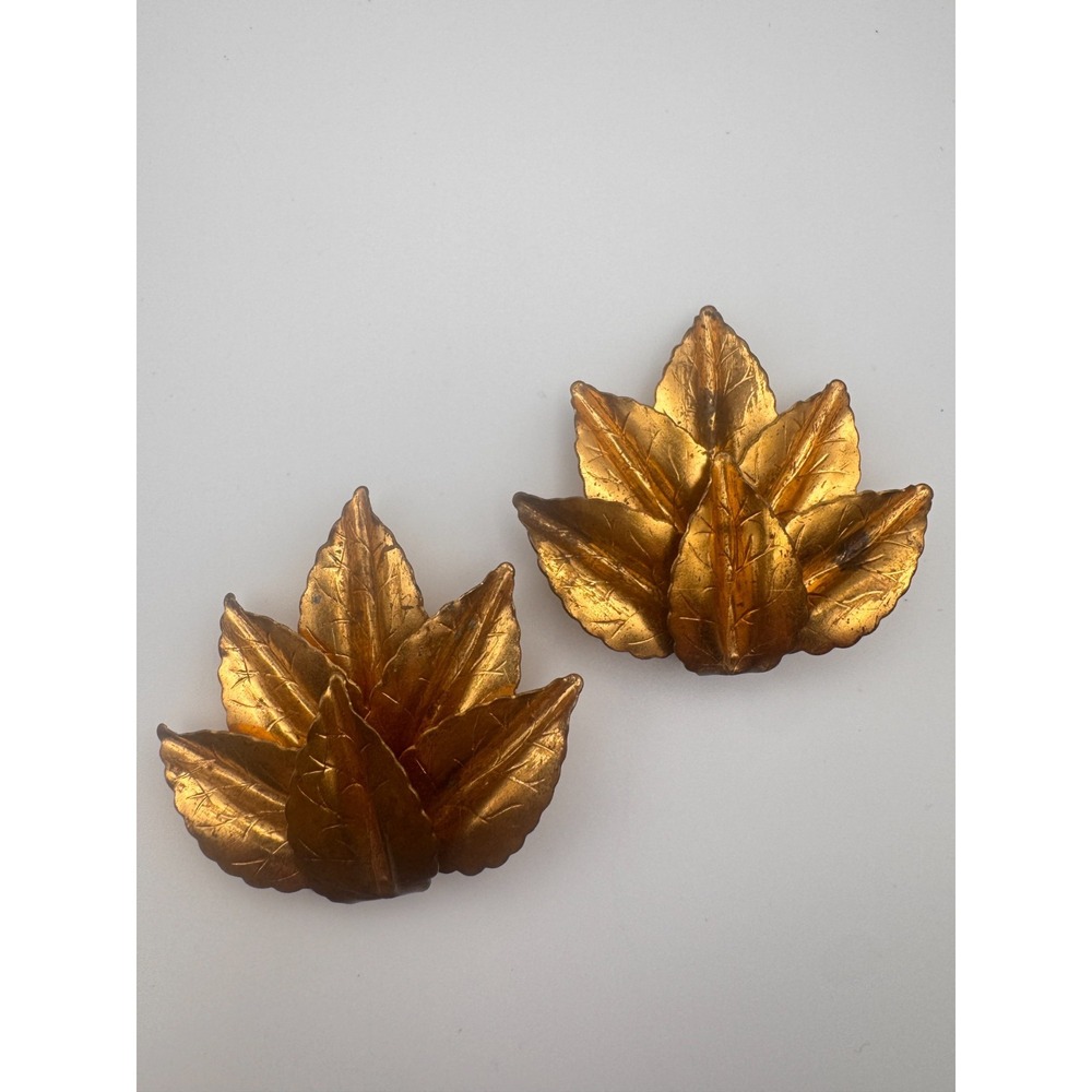 Vintage Dress Clips Pair Art Deco Gold Tone Leaf Fall Foliage